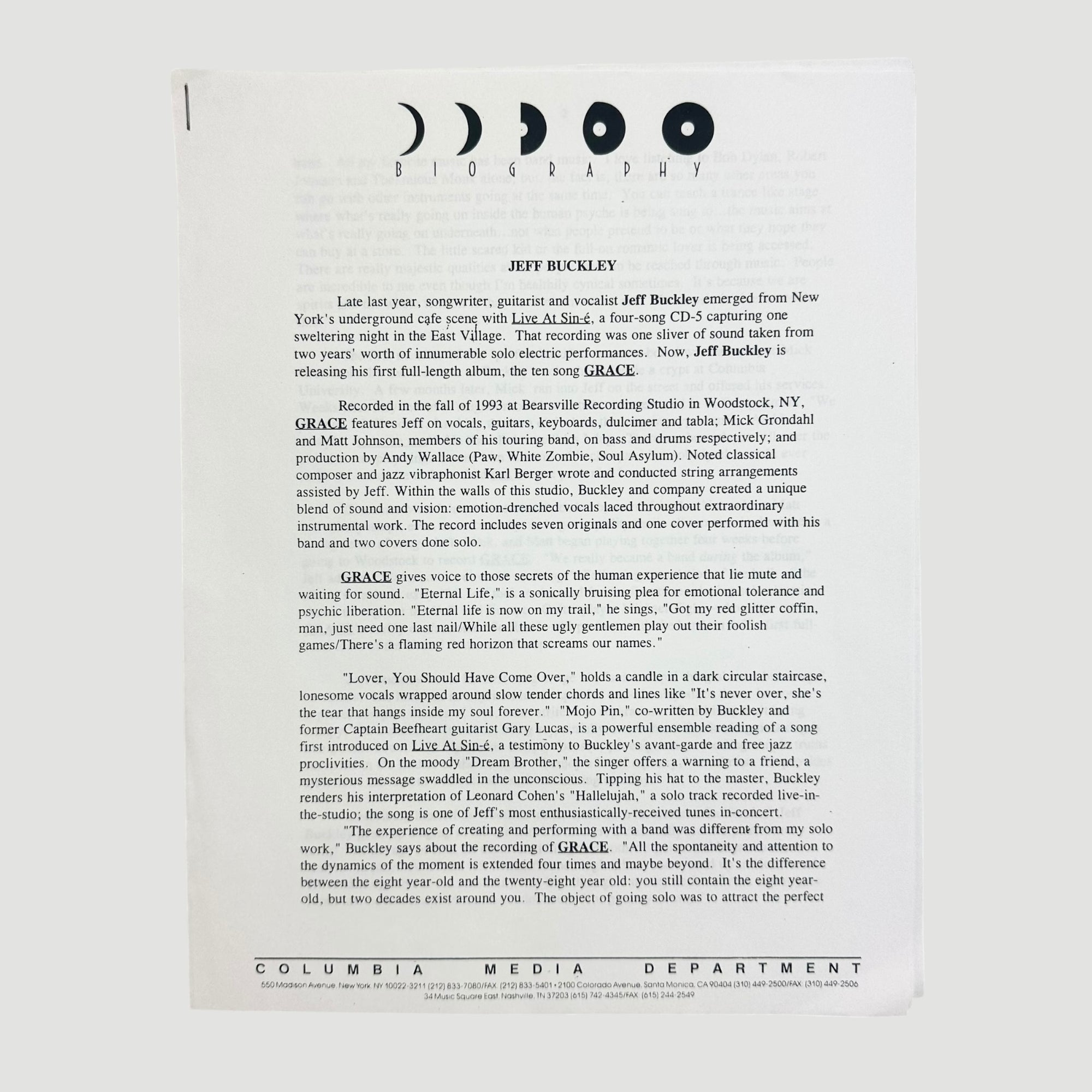 2004 Jeff Buckley 'Grace Legacy Edition' Press Pack