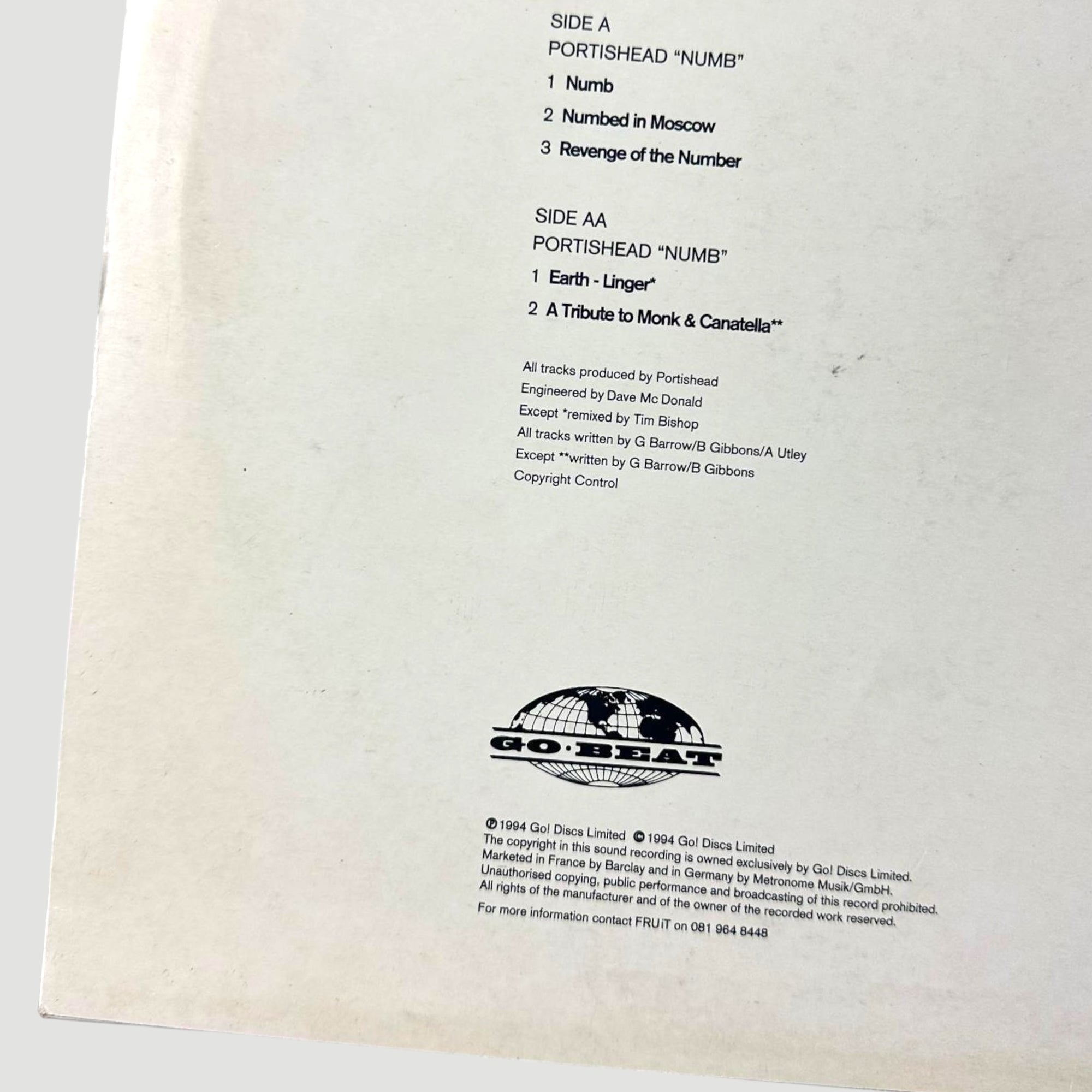 1994 Portishead 'Numb' UK 12" Single