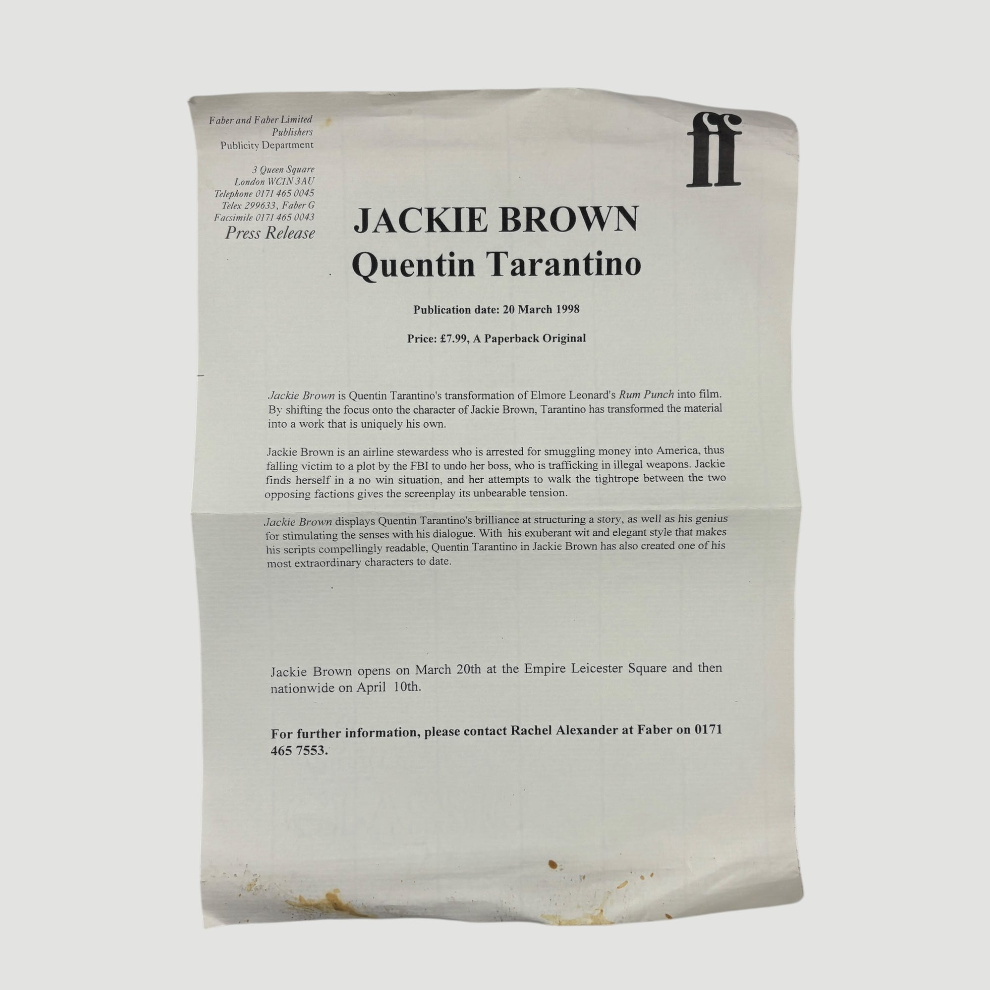 1998 Jackie Brown Screenplay + Faber Letter