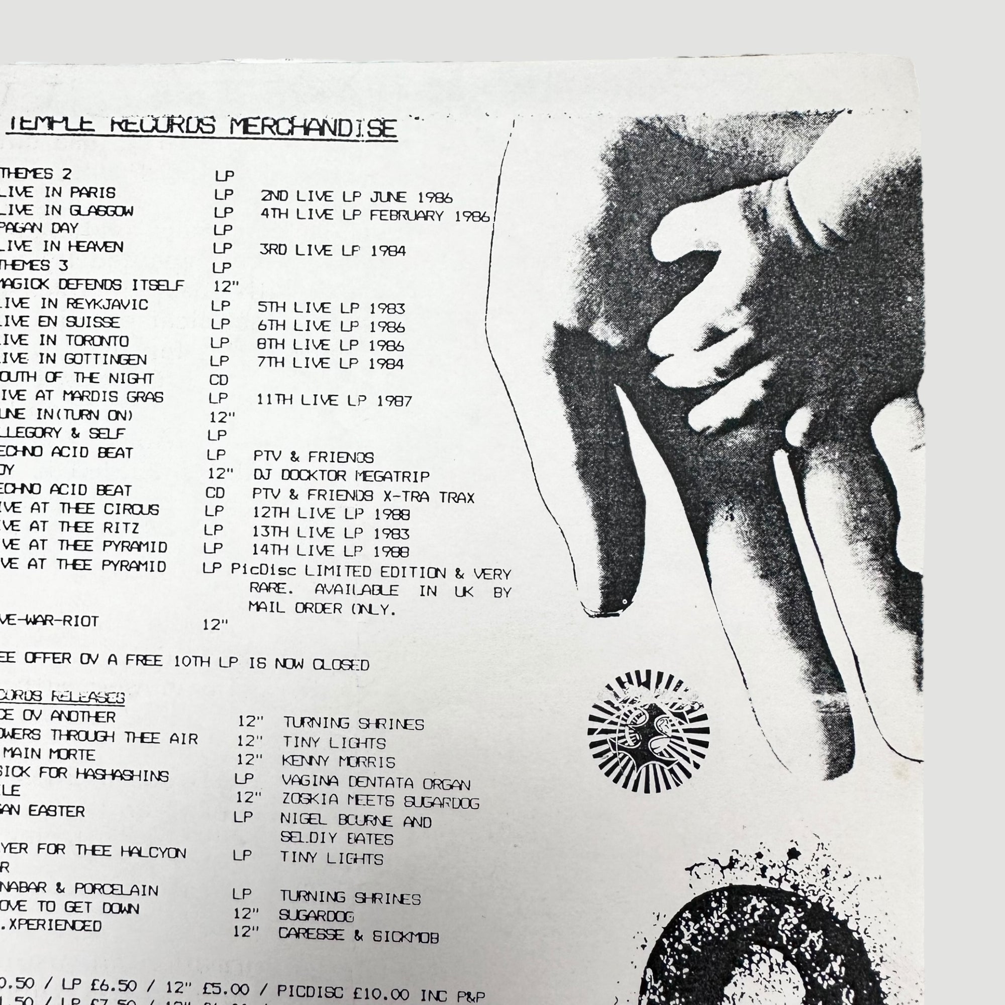 80's Psychic TV (TOPY) Merchandise Flyer