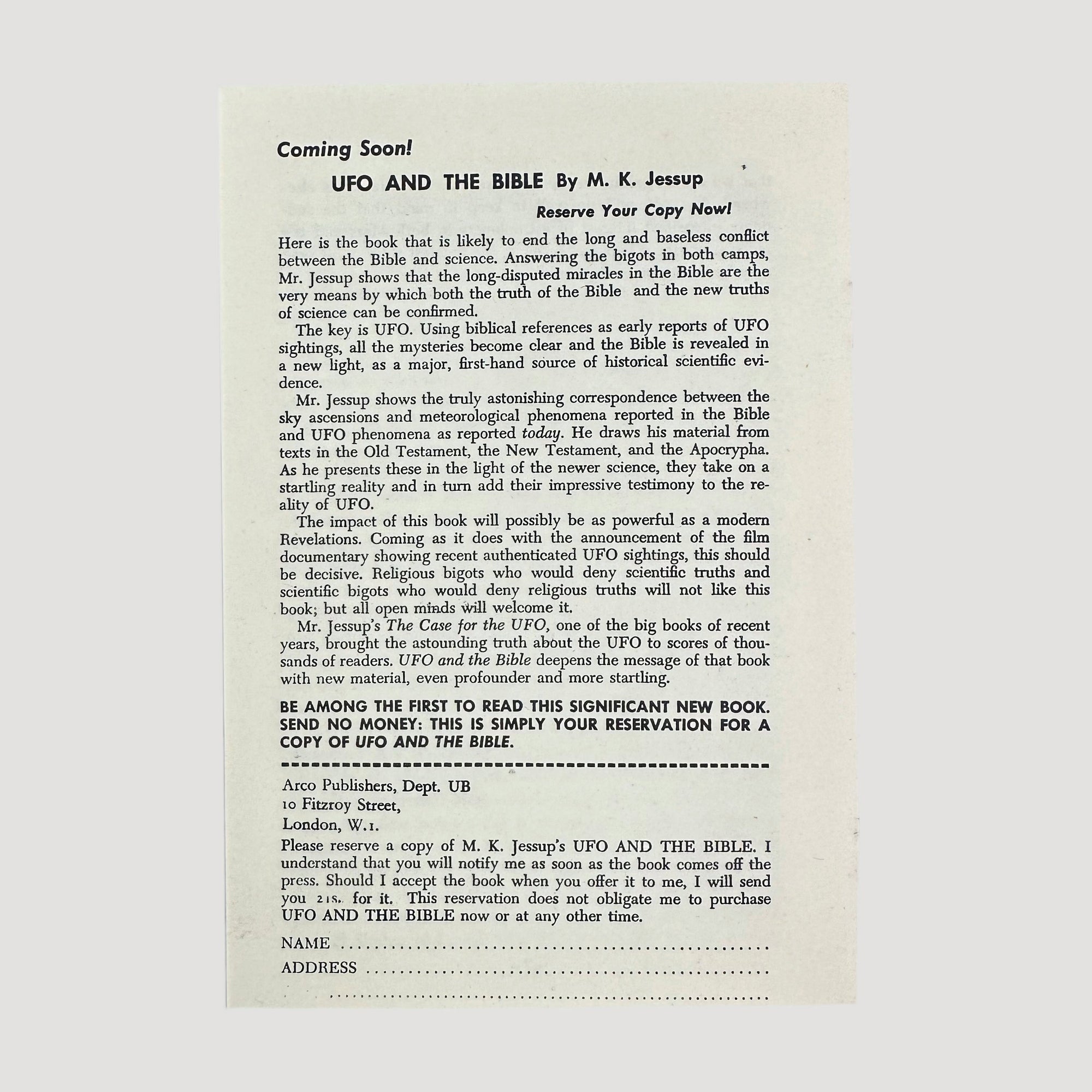 1956 UFO and The Bible 1st Edition Hardback