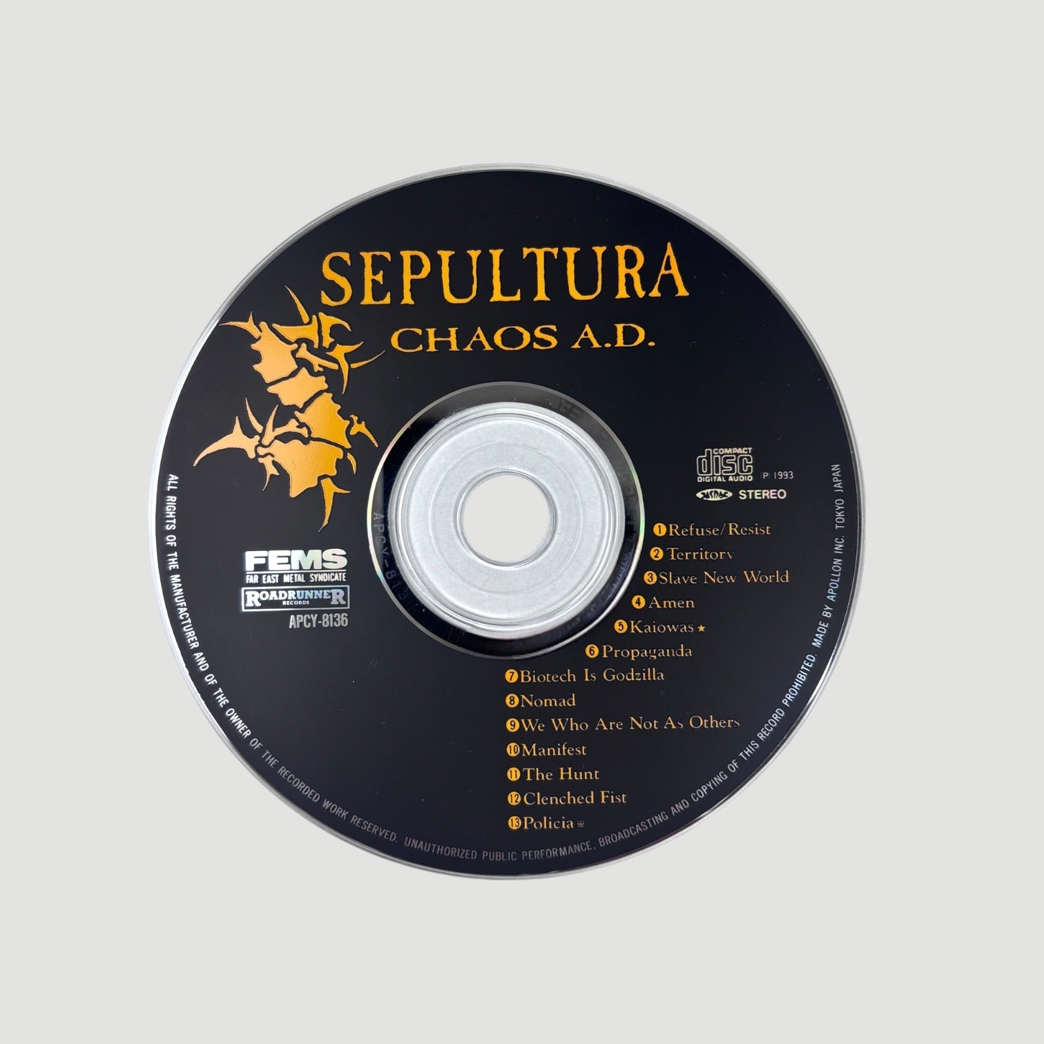 1993 Sepultura Chaos AD Japanese CD + Tattoo Sticker