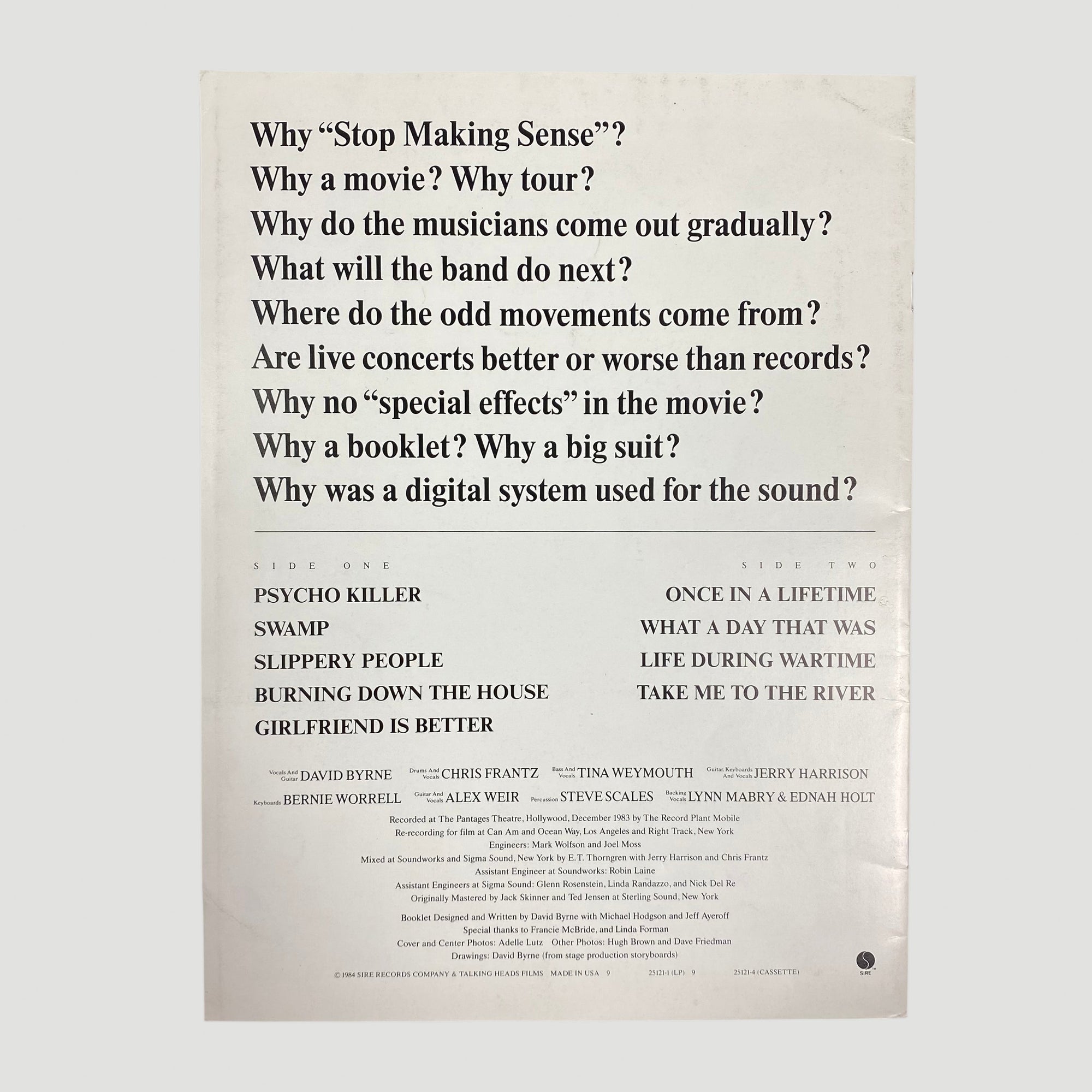 1983 Talking Heads Stop Making Sense Programme