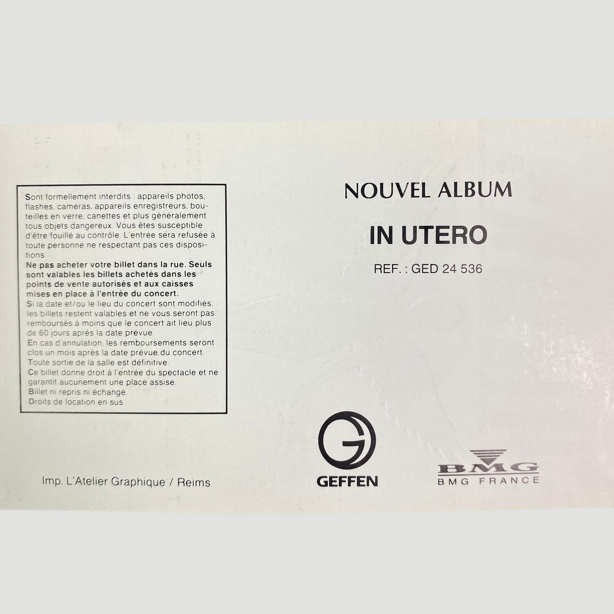 1994 Nirvana In Utero Tour Ticket, Toulouse France