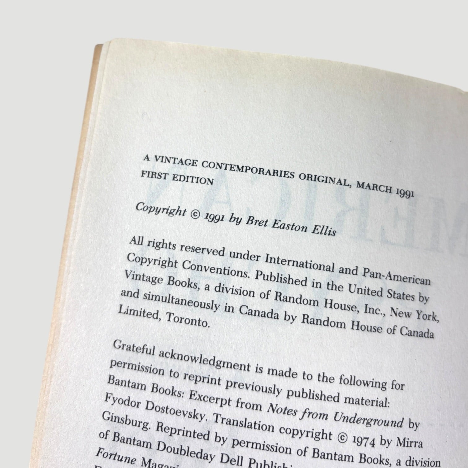 1991 Bret Easton Ellis American Psycho US Softback 1st Edition