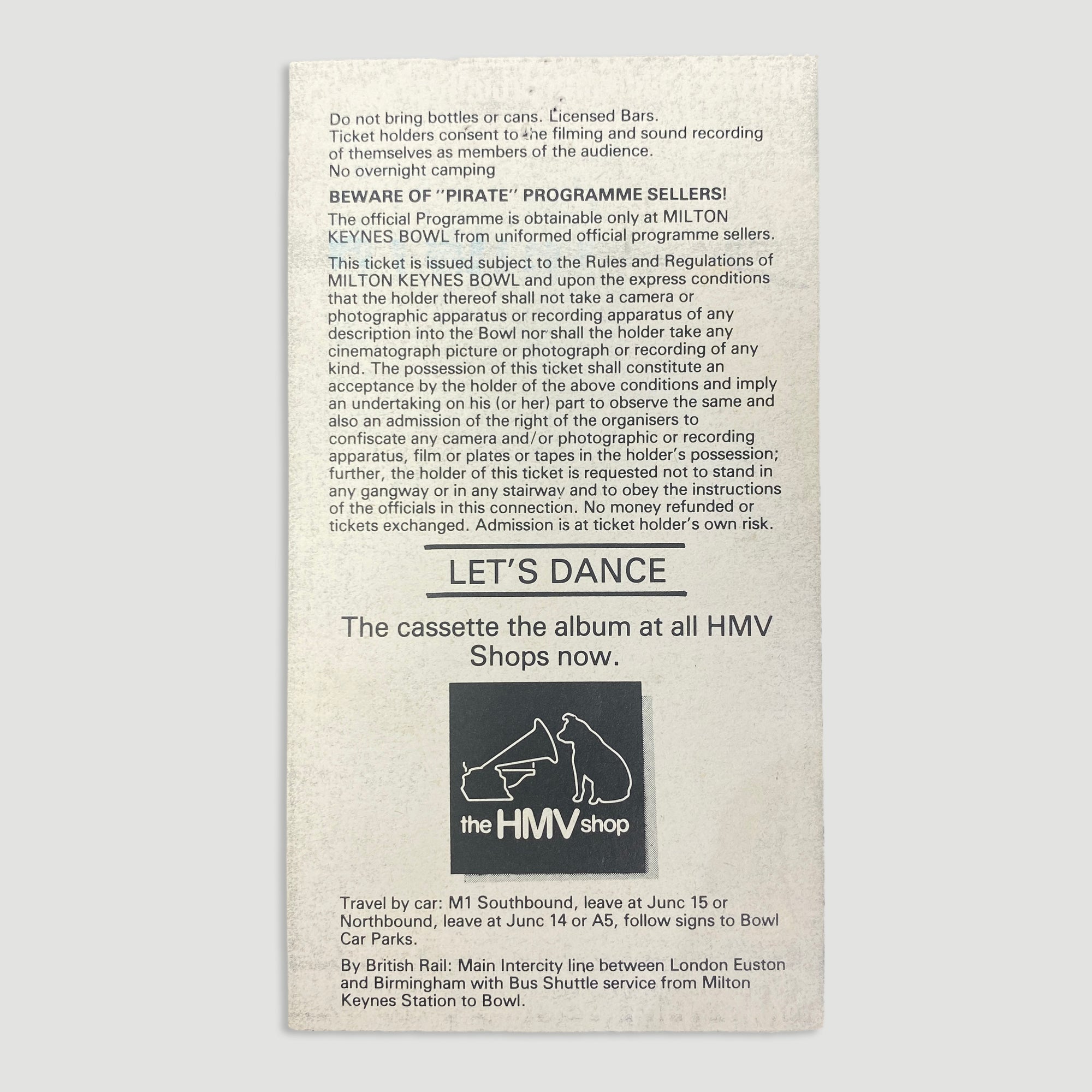 1983 David Bowie Milton Keynes Bowl Ticket Stub