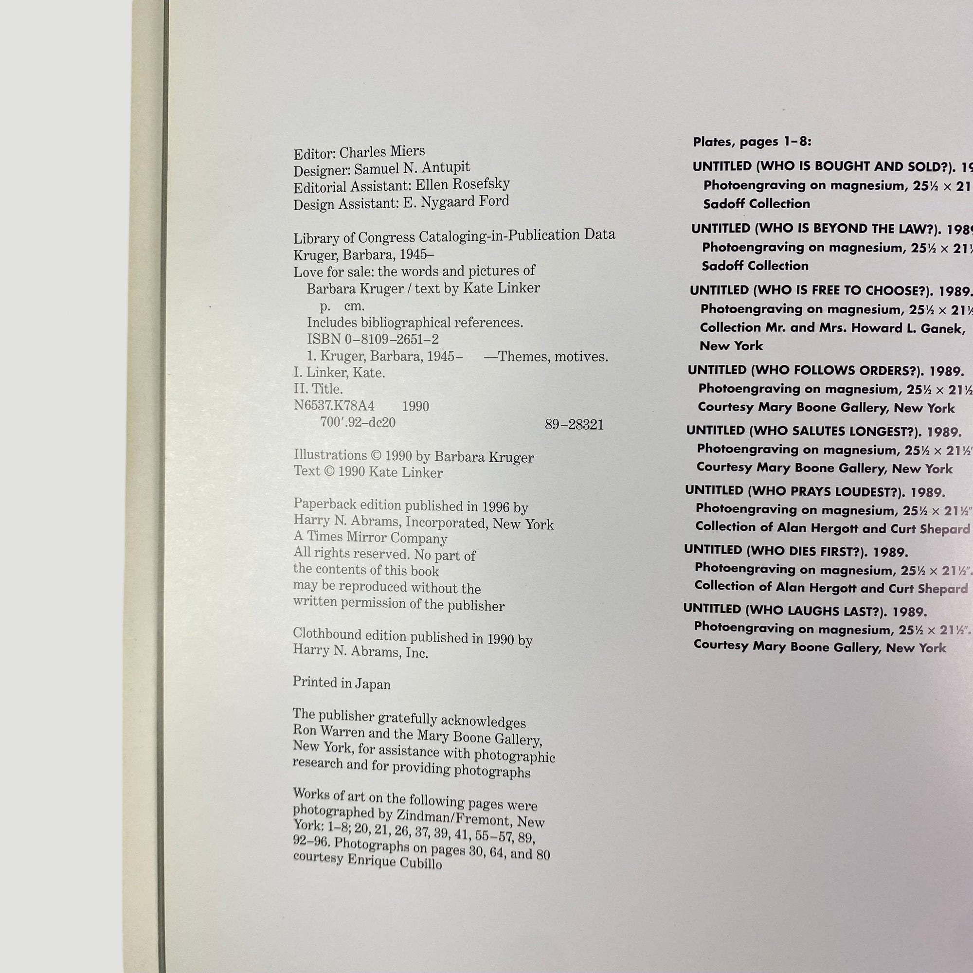 1990 Barbara Kruger Love for Sale 1st Edition