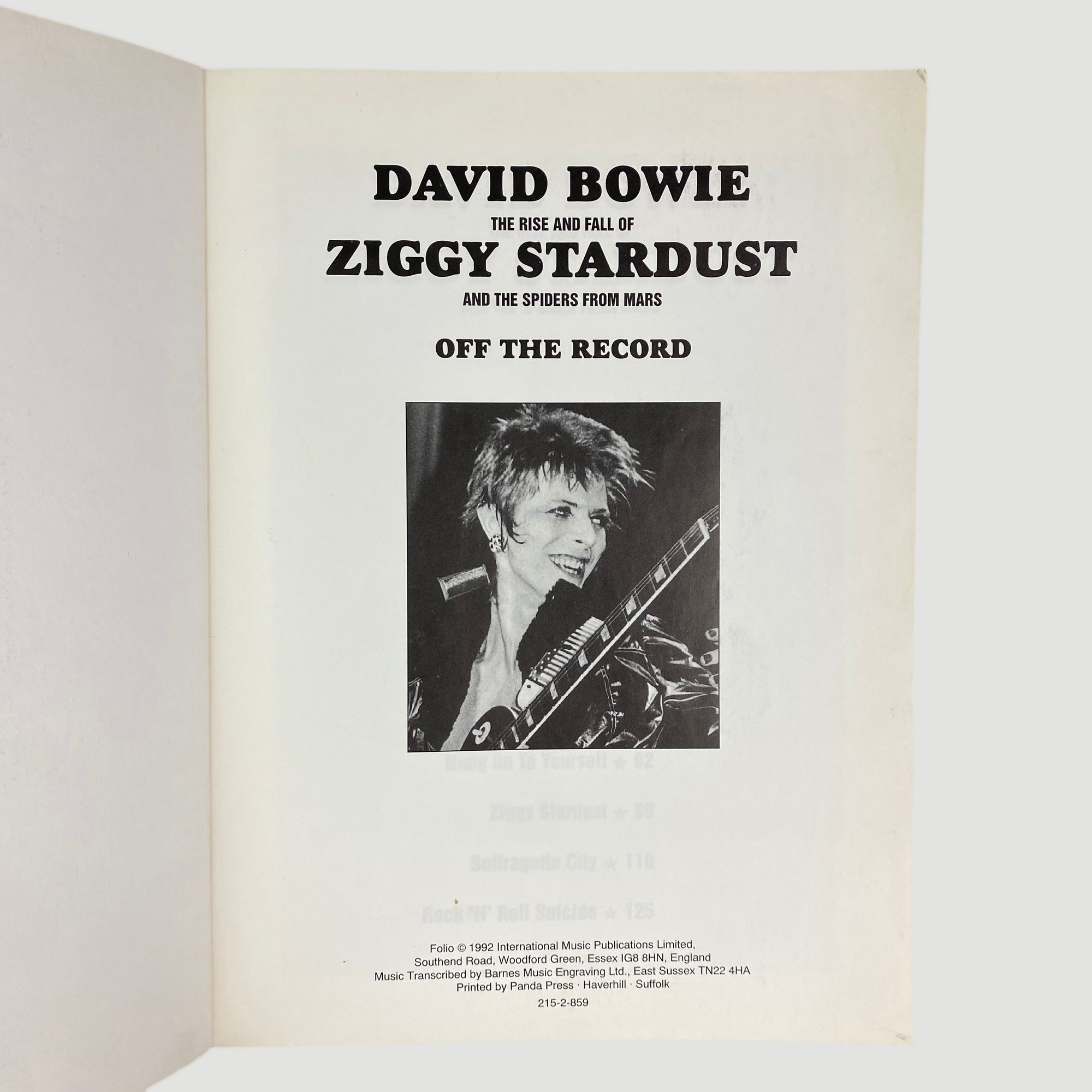1992 David Bowie Ziggy Stardust & The Spiders from Mars Piano/Guitar/Vocal Book
