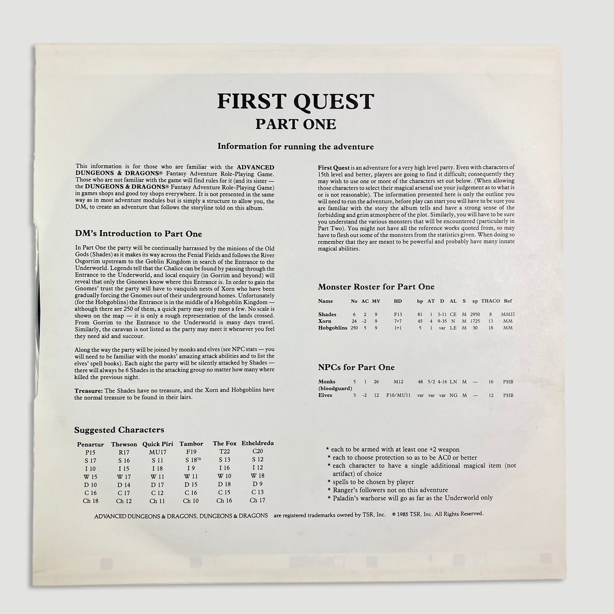 1985 First-Quest Dungeons and Dragons Music Vinyl LP