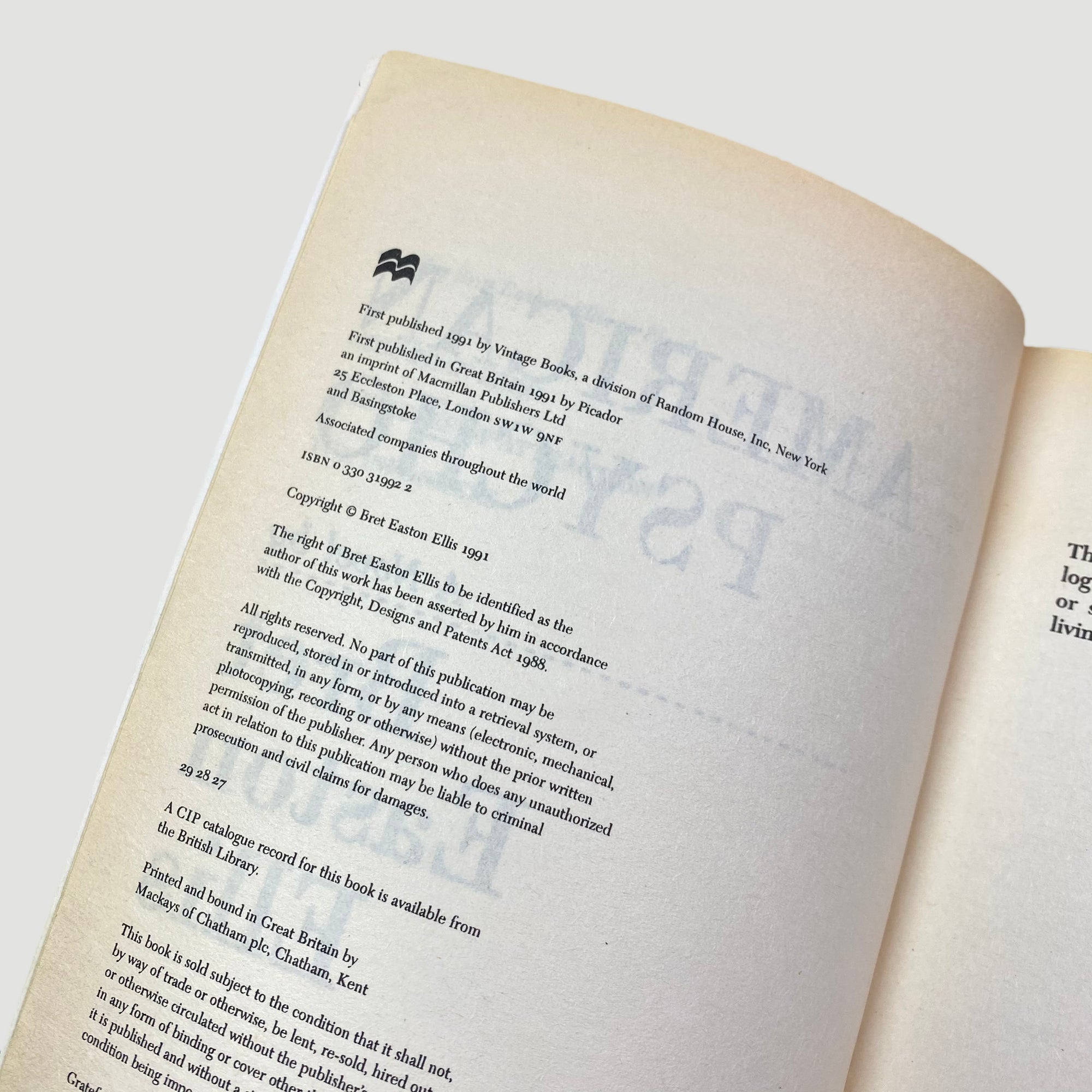 1991 Bret Easton Ellis 'American Psycho' 1st Ed UK Softback