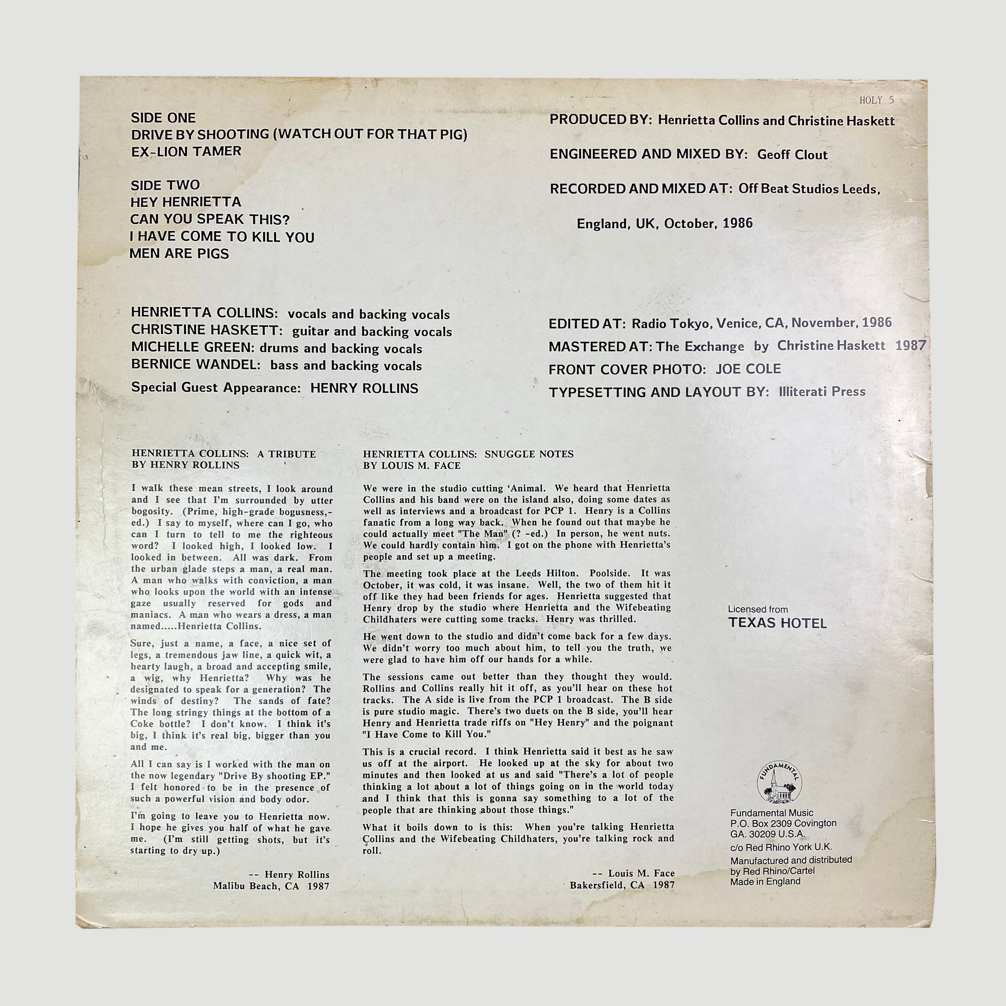 1987 Henrietta Collins And The Wifebeating Childhaters Feat. Henry Rollins 'Drive By Shooting EP'