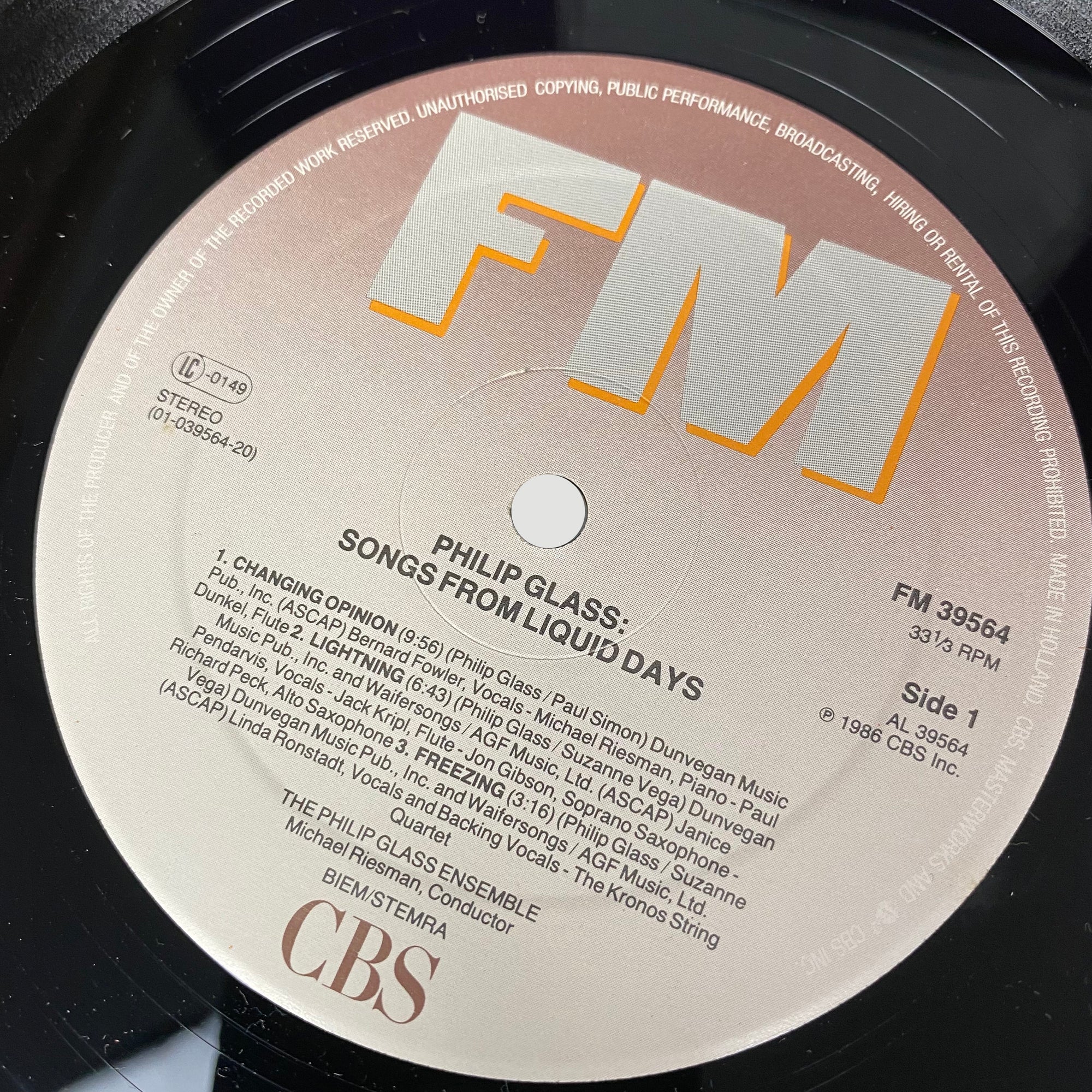 1986 Philip Glass Songs from the Liquid Days Vinyl LP