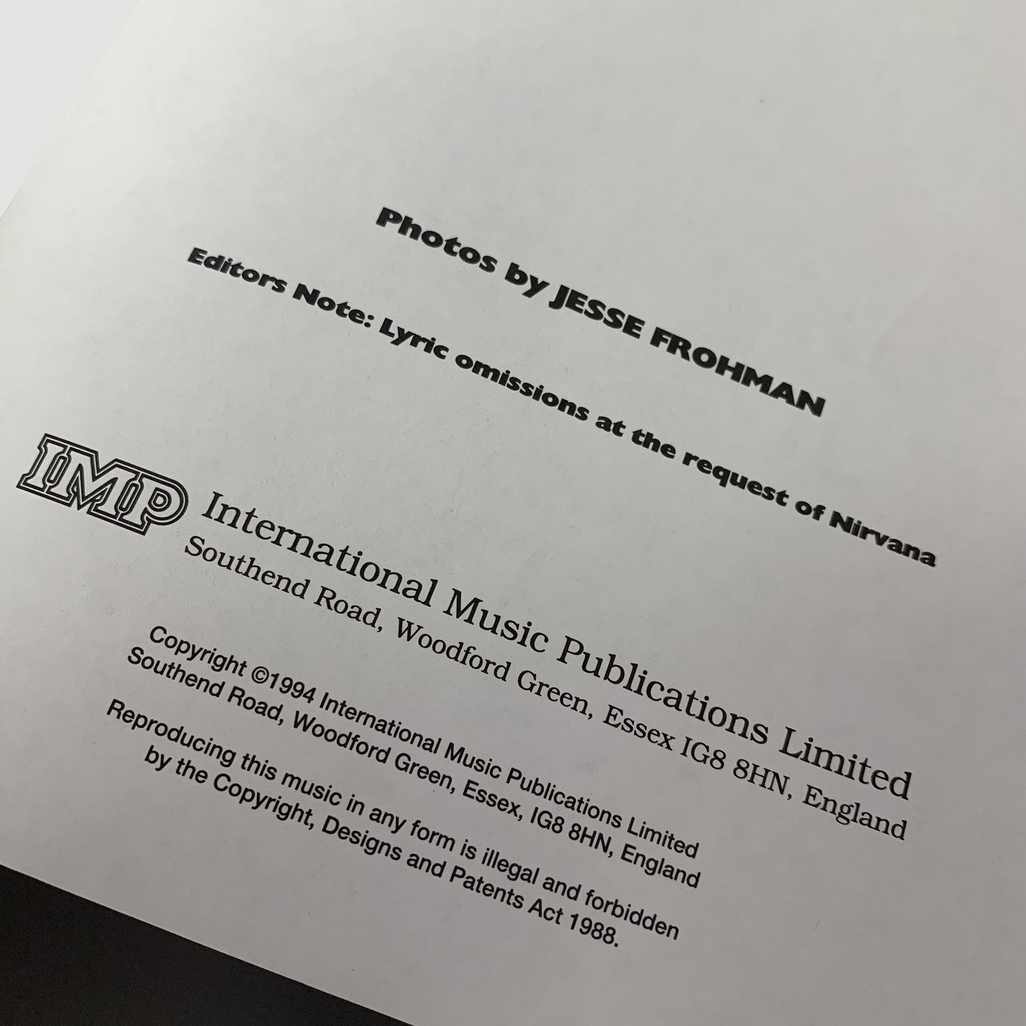 1993 Nirvana 'In Utero' Guitar Tab Book