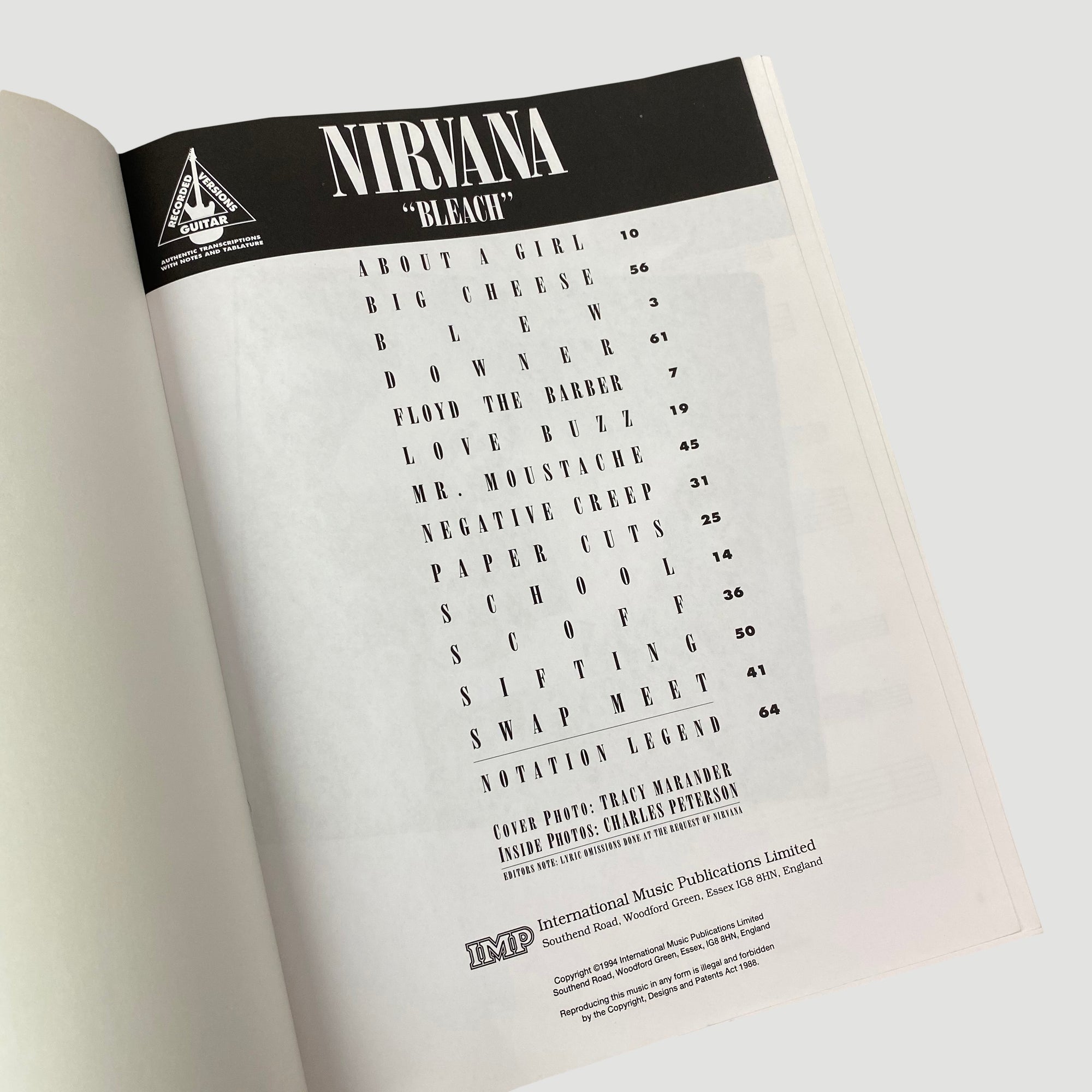 1994 Nirvana 'Bleach' Guitar Tab Book