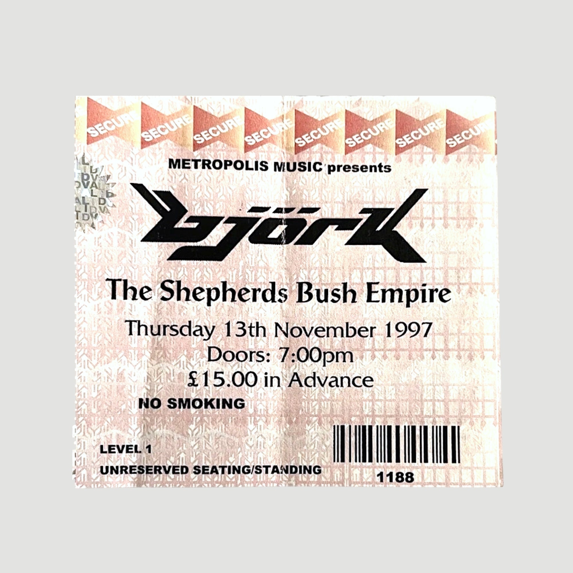 1997 Björk Homogenic UK Tour Ticket Stub