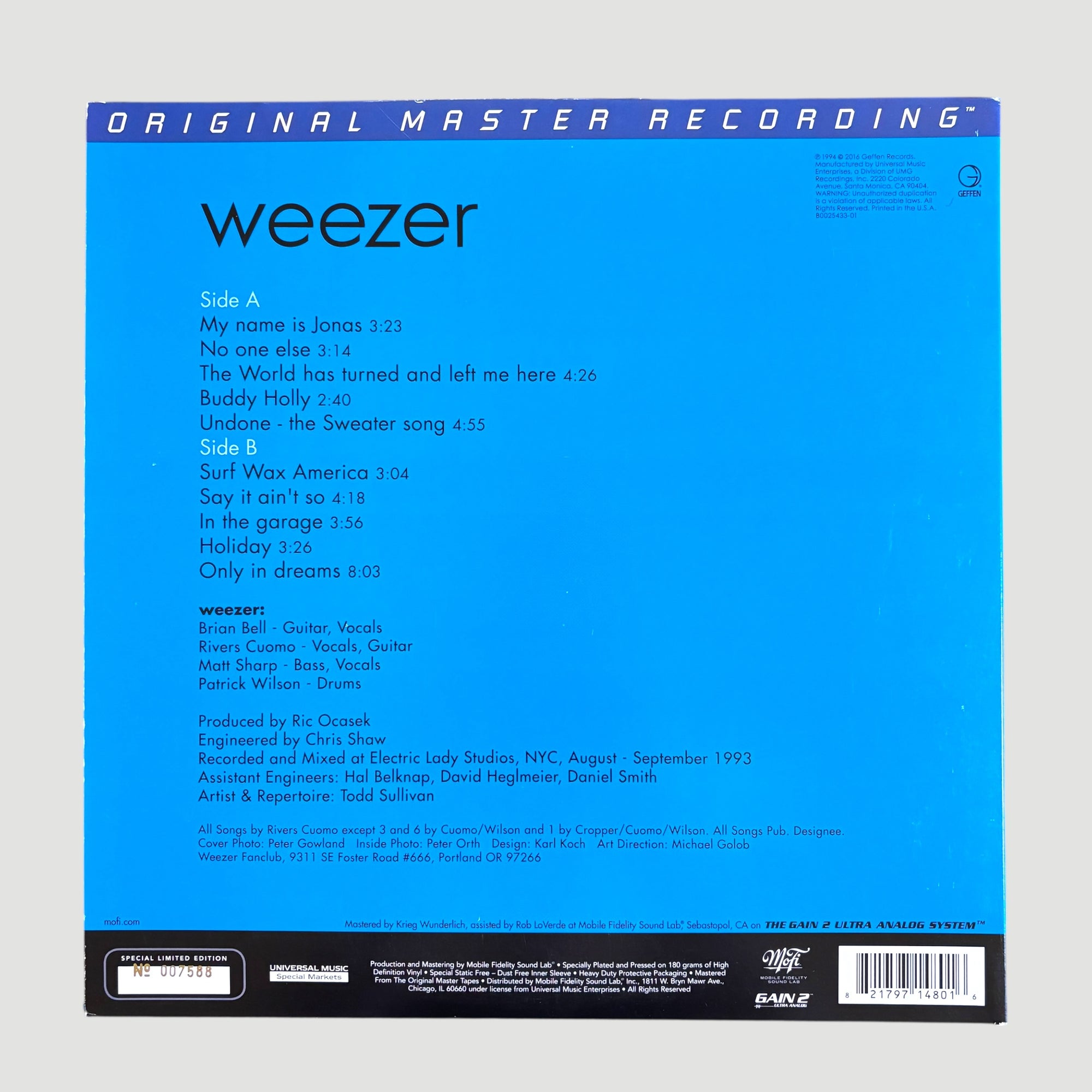 2012 Weezer Blue Album Mobile Fidelity Soundlab Special Edition LP