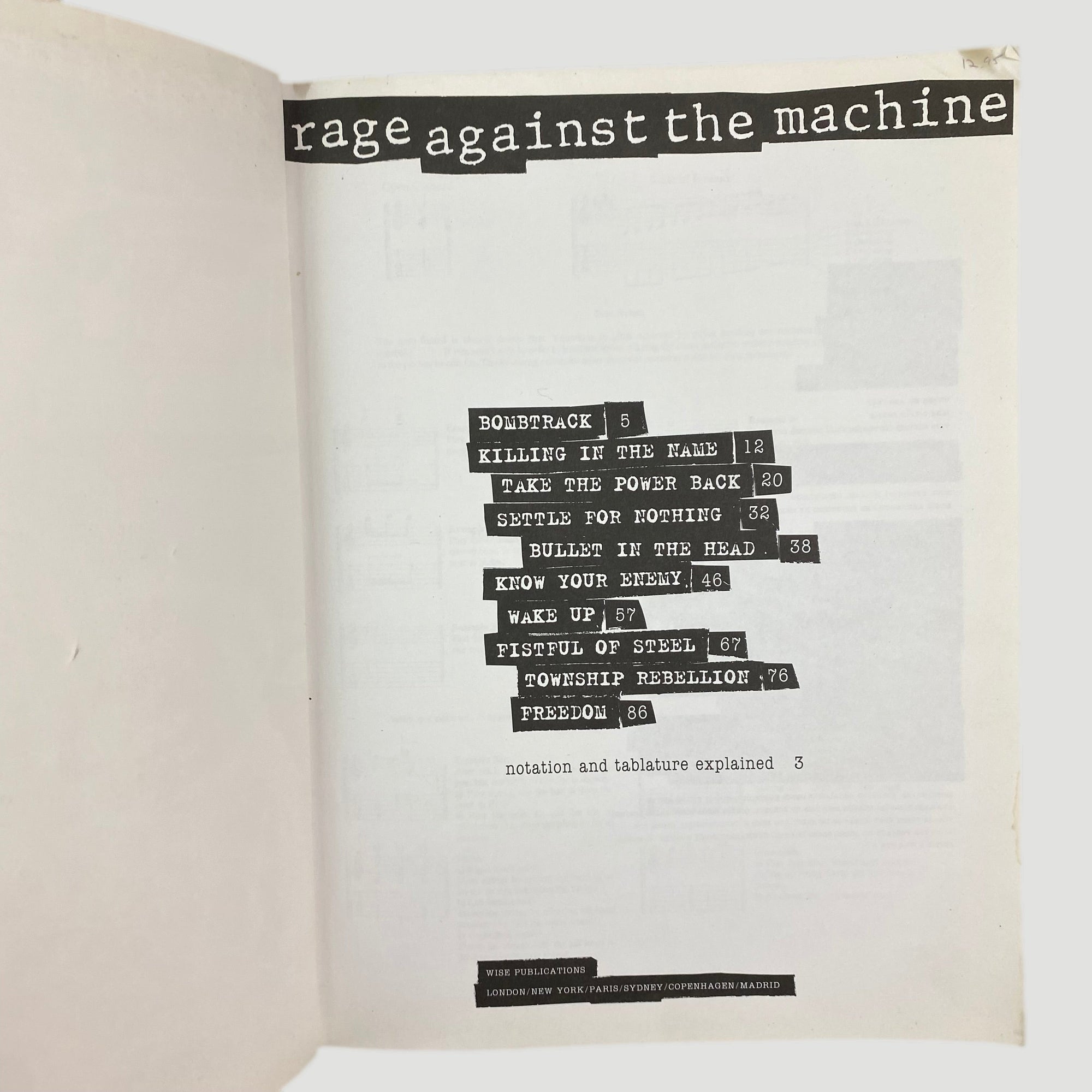 Early 90's Rage Against the Machine Guitar/Tab Book