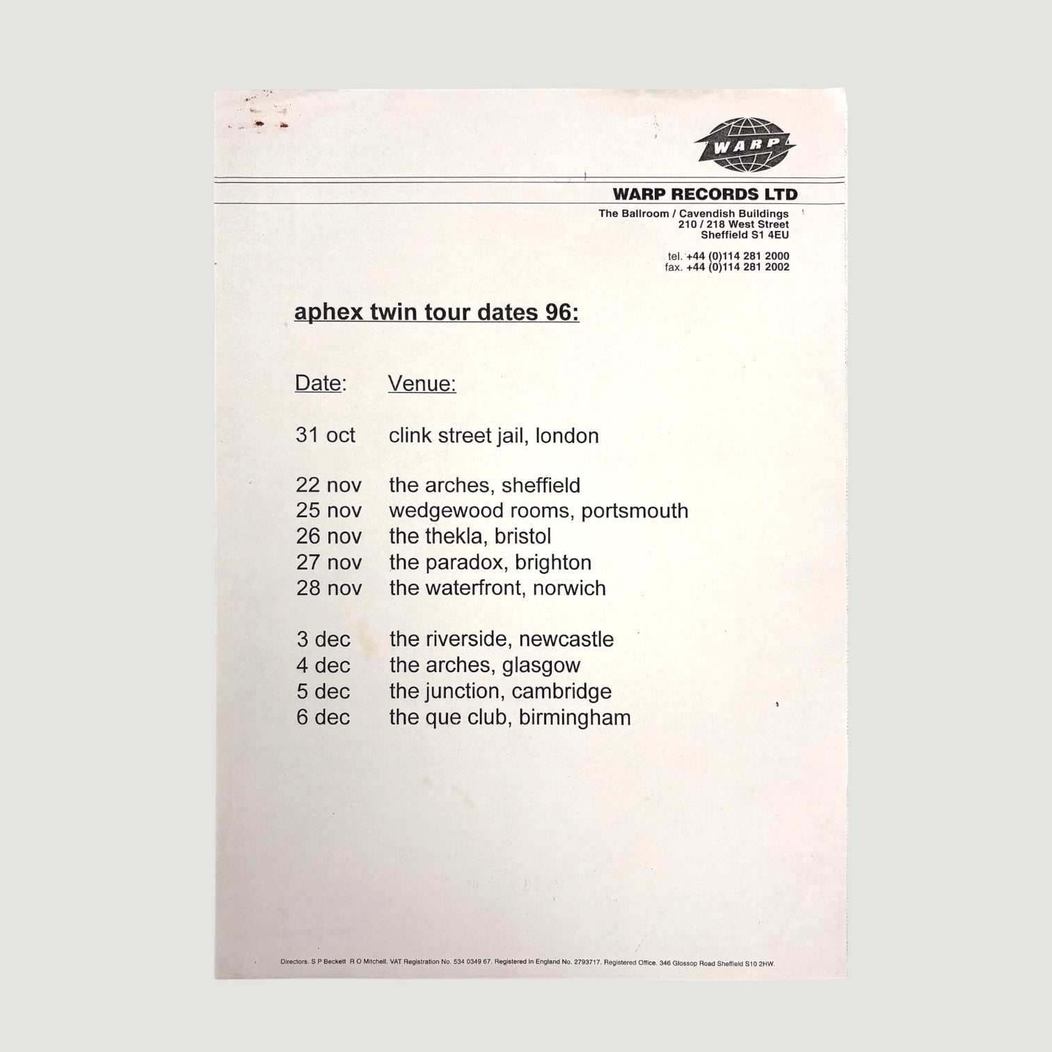 1996 Aphex Twin 'Richard D. James' LP Promo Mask + Letter