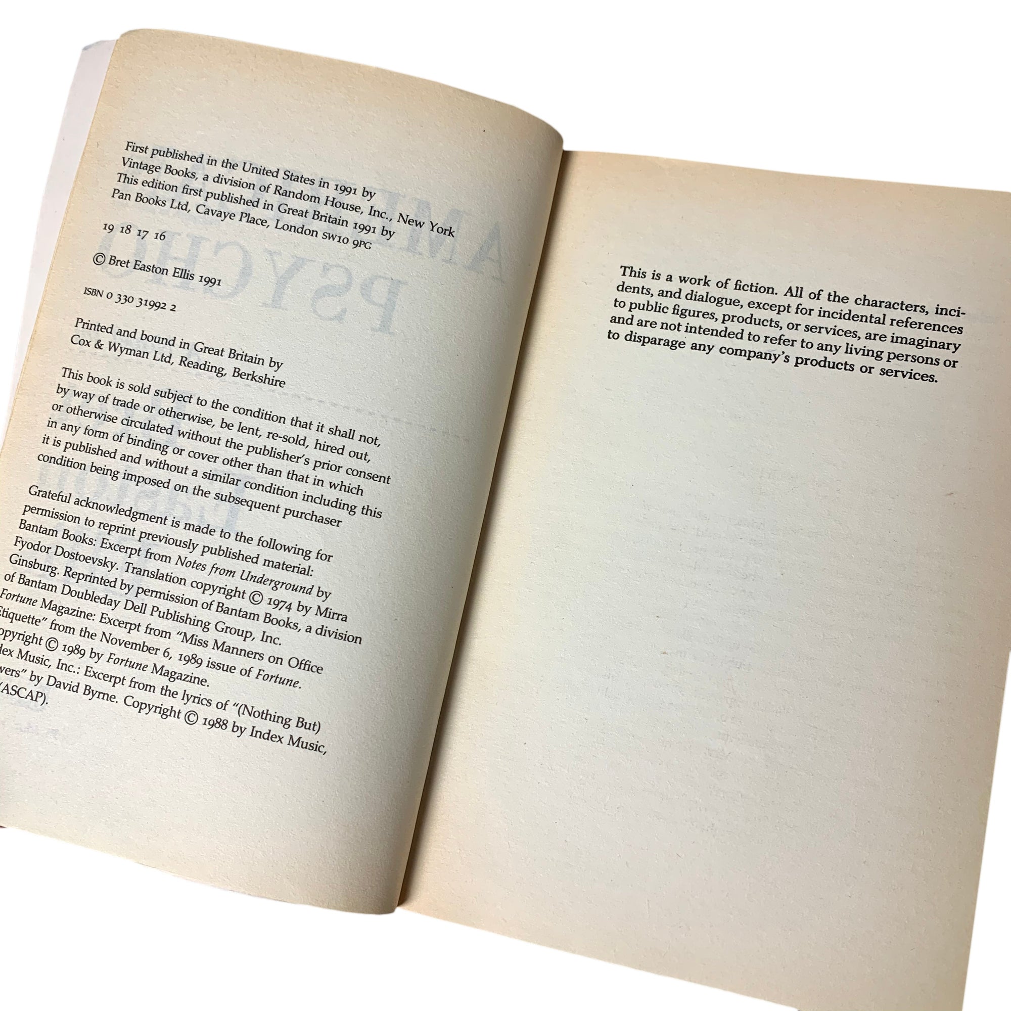 1991 Bret Easton Ellis 'American Psycho' Paperback