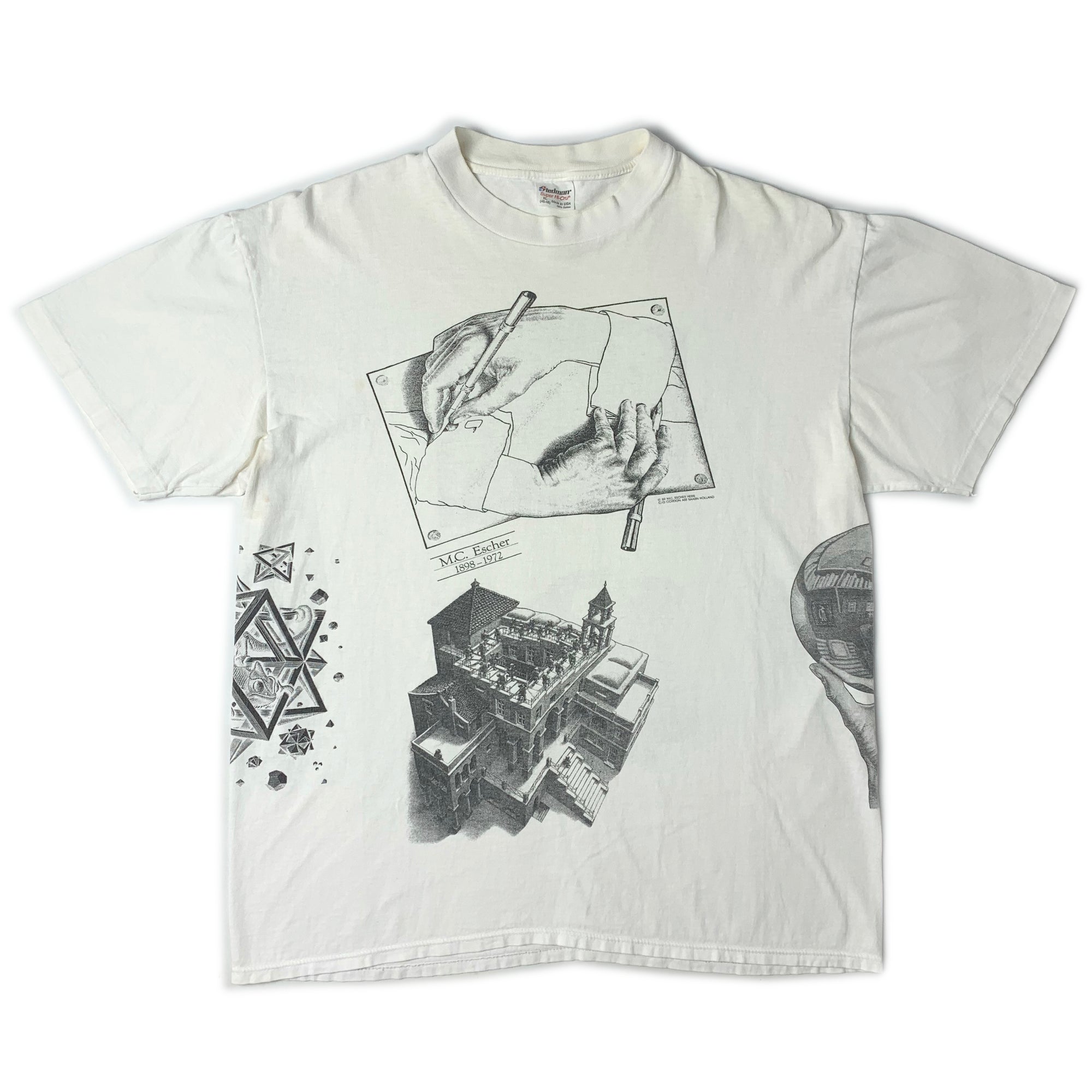 VTG MC Escher 1990 White top Wrap Around Single Stitch USA Art Sketch Print T Shirt