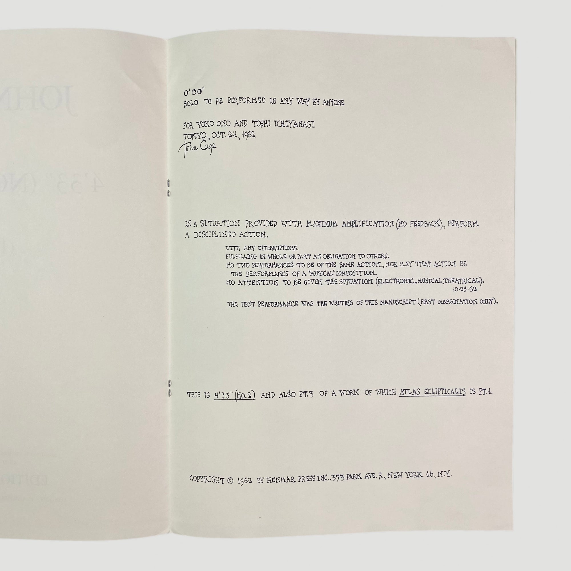 1962 John Cage 4'33 (No2) Programme