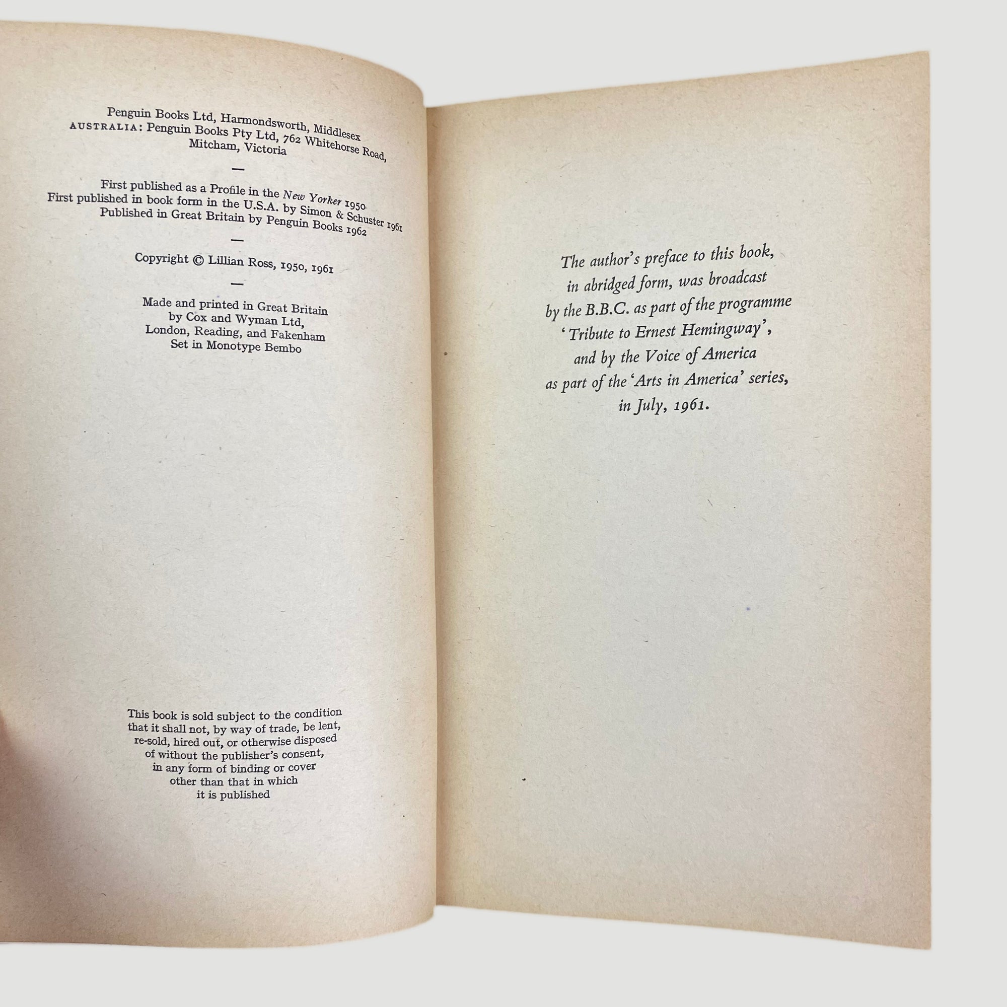 1962 Portrait of Hemmingway Penguin by Lillian Ross