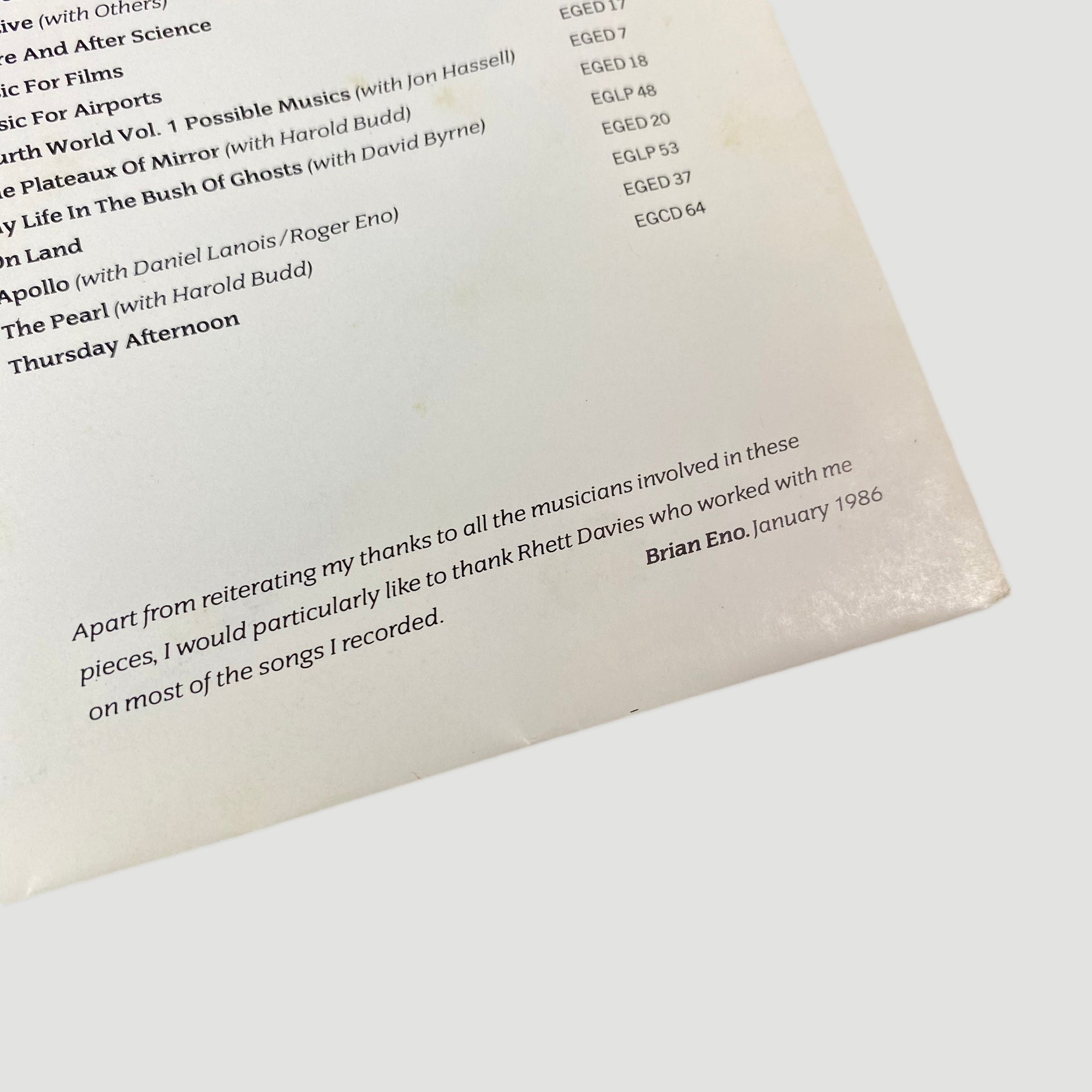 1986 Brian Eno 'More Blank Than Frank' LP