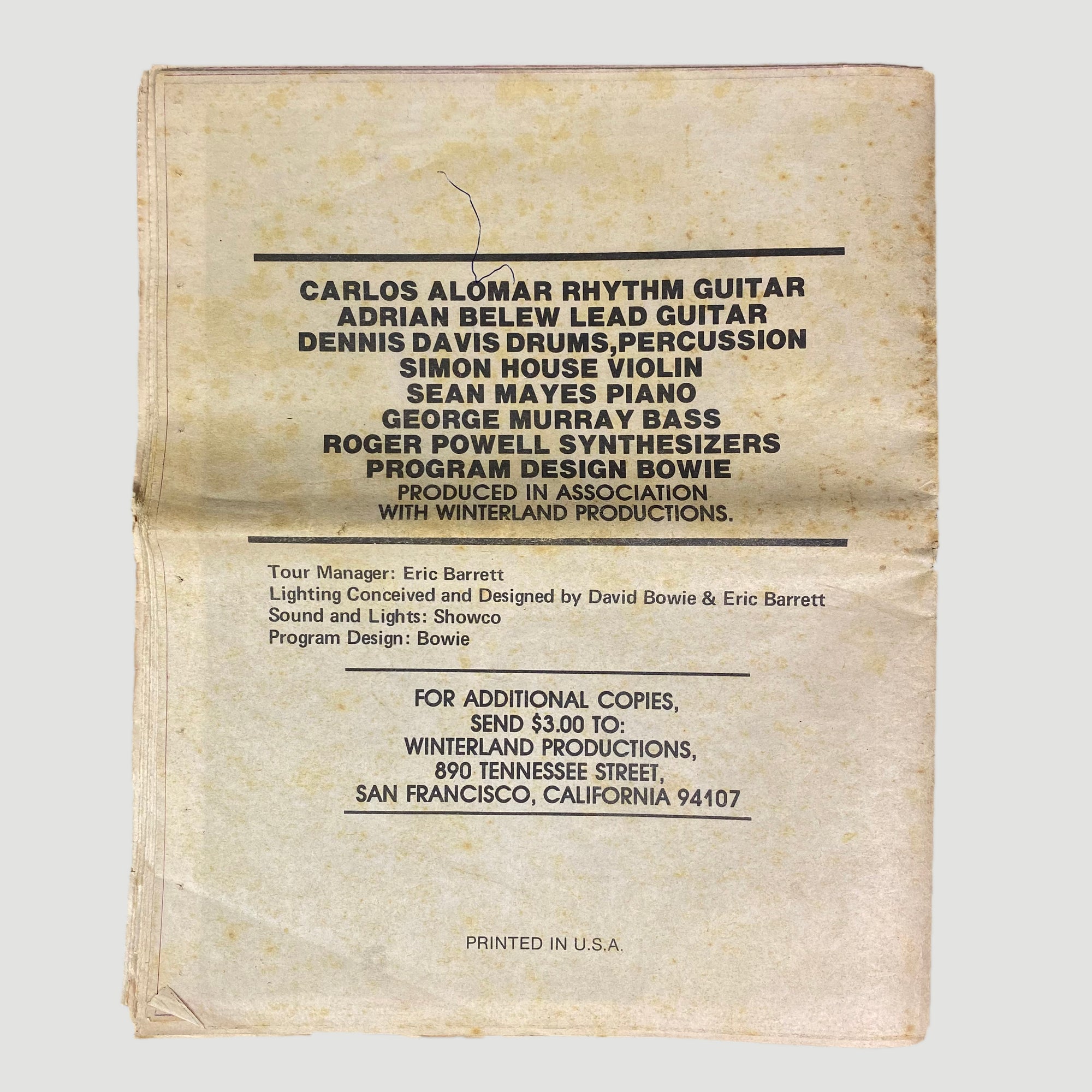 1978 David Bowie Isolar 2 US Tour Programme