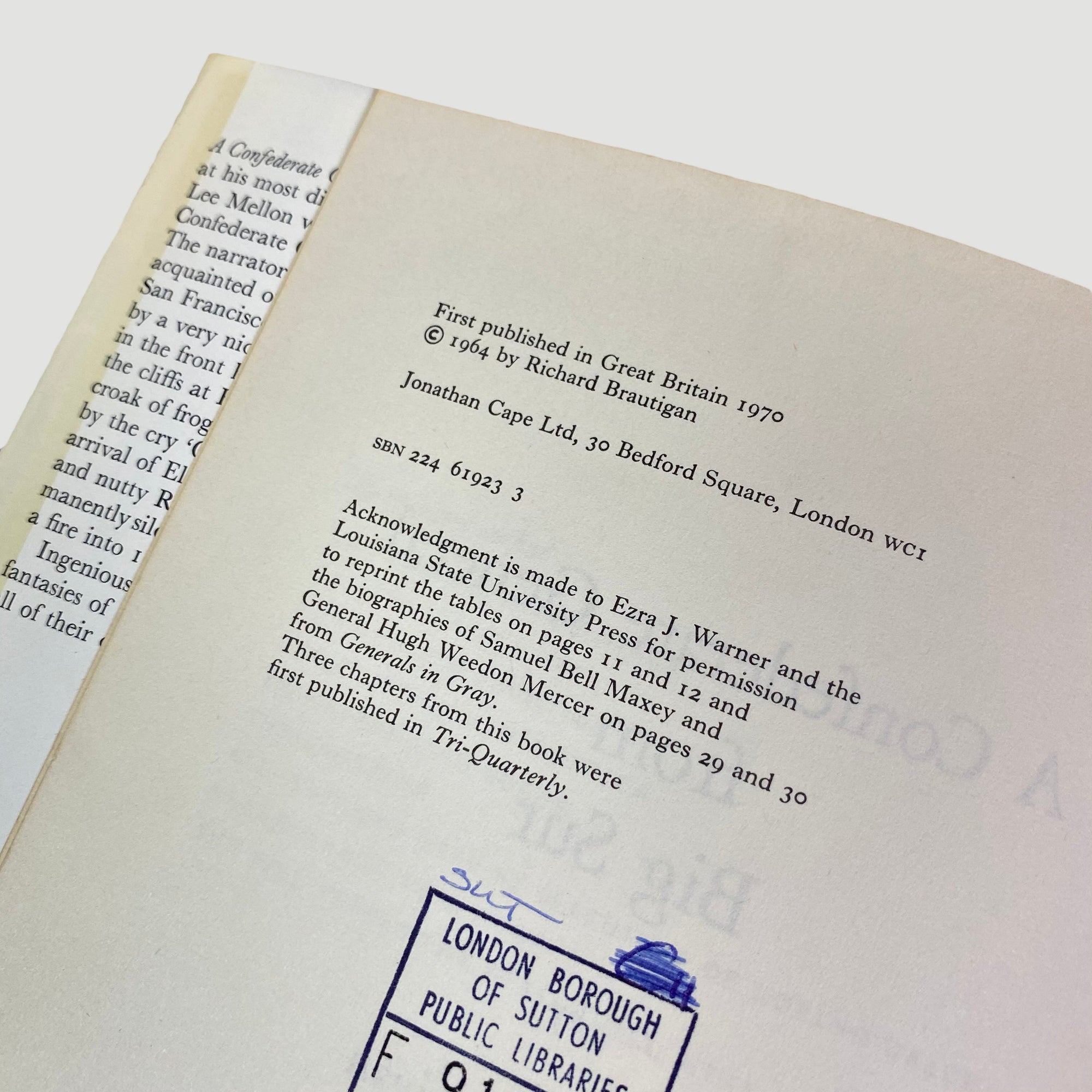 1970 Richard Brautigan 'A Confederate General from Big Sur' First UK edition